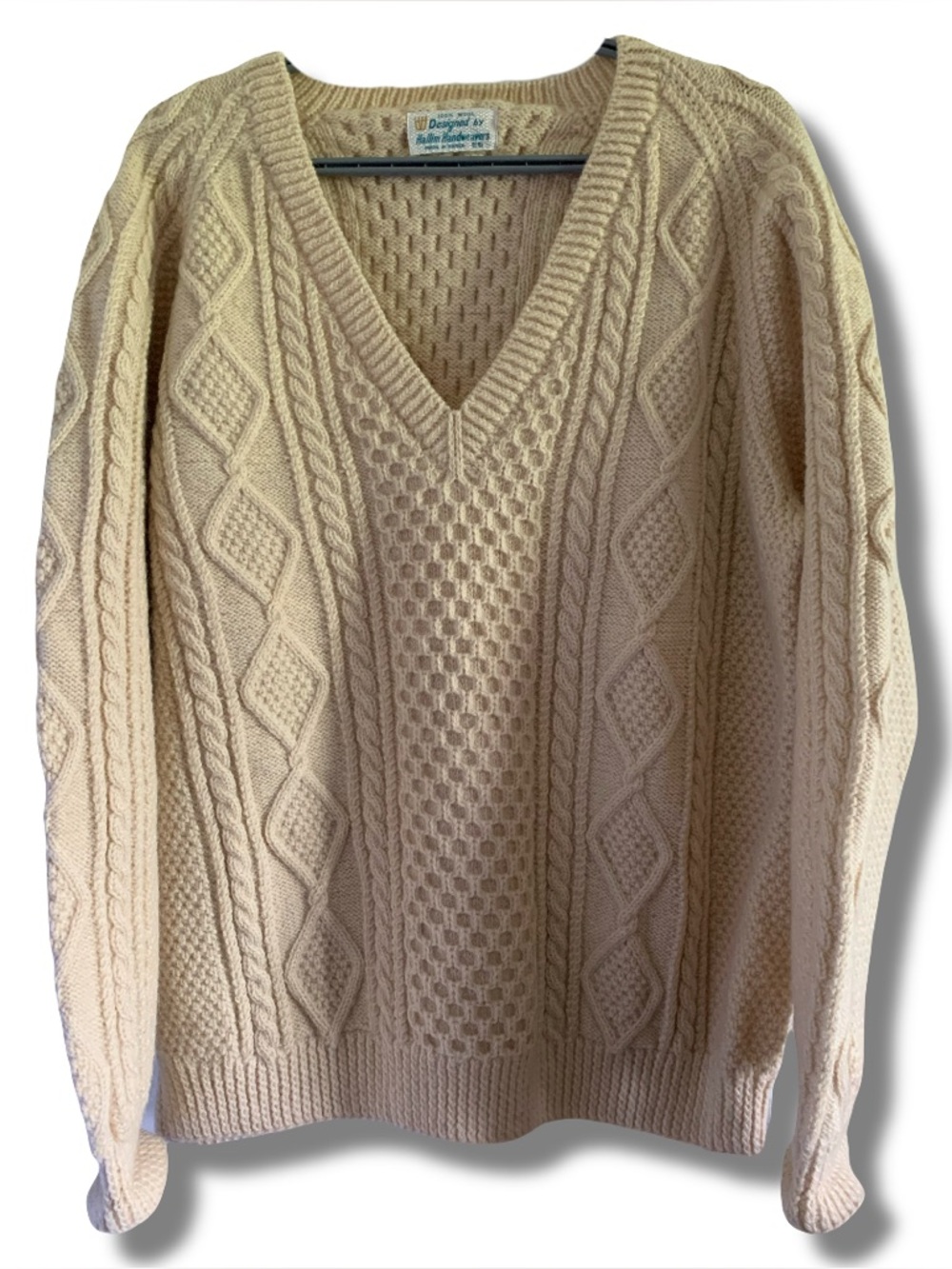 LIKE NEW VTG 70s Hallim Handweavers V-Neck Cable Knit Wool Sweater Size XL